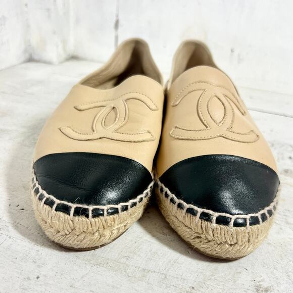 Chanel Lambskin Leather Cap Toe Espadrilles Loafer Flat Beige/Black Women's 37 - Picture 4 of 12